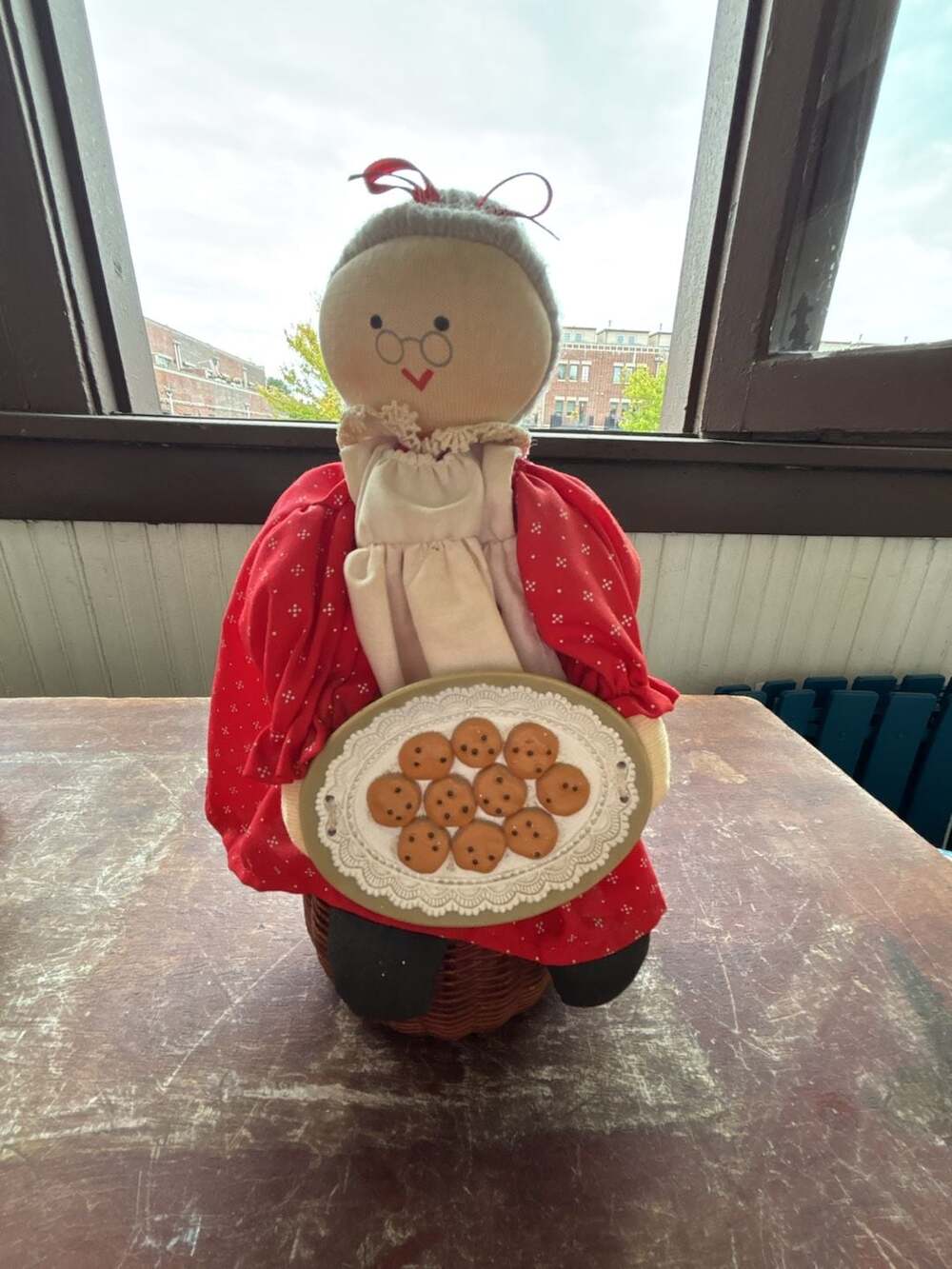 Vintage Handmade Fabric Doll Grandmother with Chocolate Chip Cookies Basket